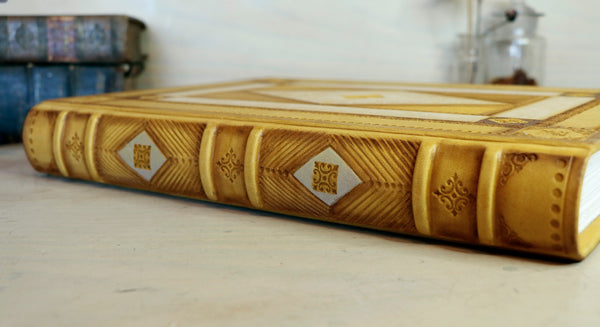 Antiqued yellow leather journal with tooled decoration. Romantic Sunset II