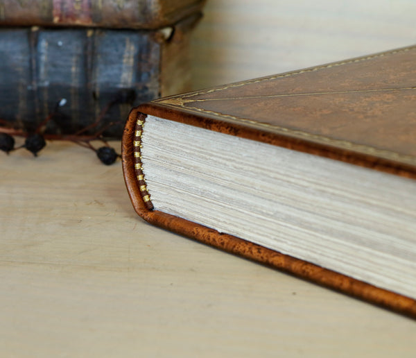 Hand Marbled Leather Journal, Worn brown with gold tooled decoration, Always Remember