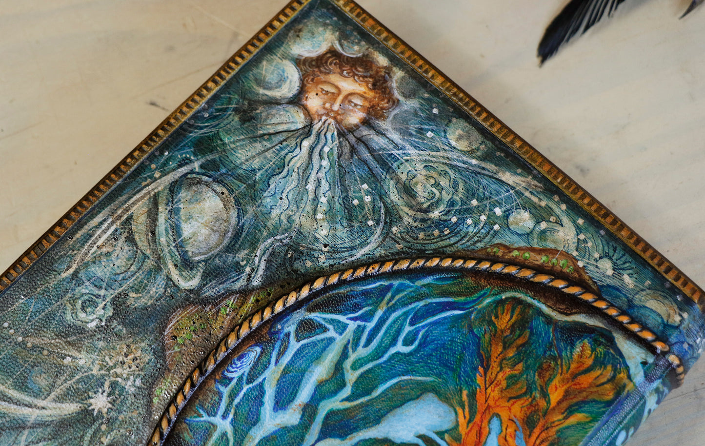 Hand-painted Leather Journal, One of a Kind blank book - Mundus Subterraneus, Aquatic System