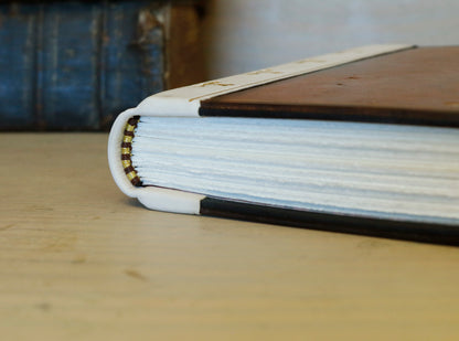 Antiqued journal, Orange-brown leather cover with white leather spine, Gold tooled decoration. The Book of Light