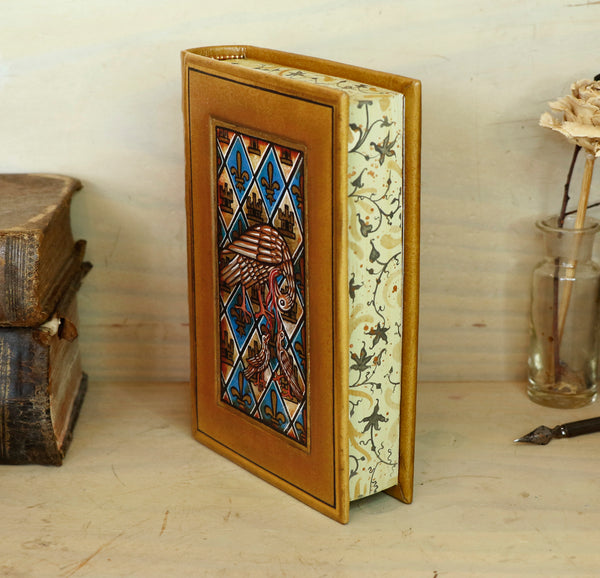 Leather journal with hand painted illuminated miniature on vellum and gold tooled decoration - Pelican Feeding Her Young