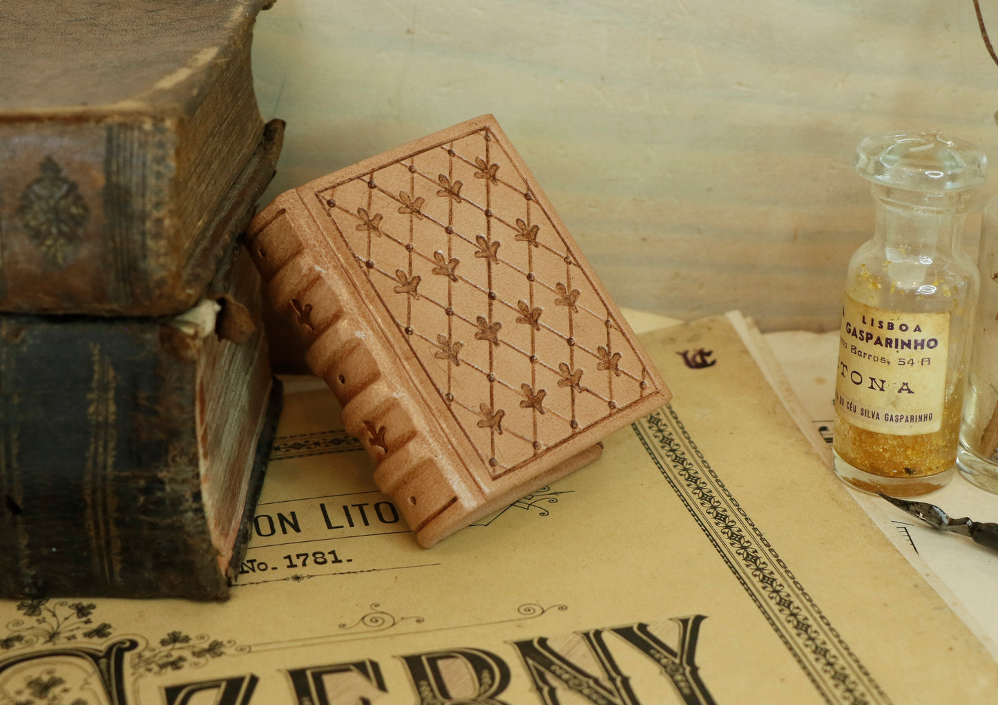 Miniature leather journal, Natural leather, tooled decoration