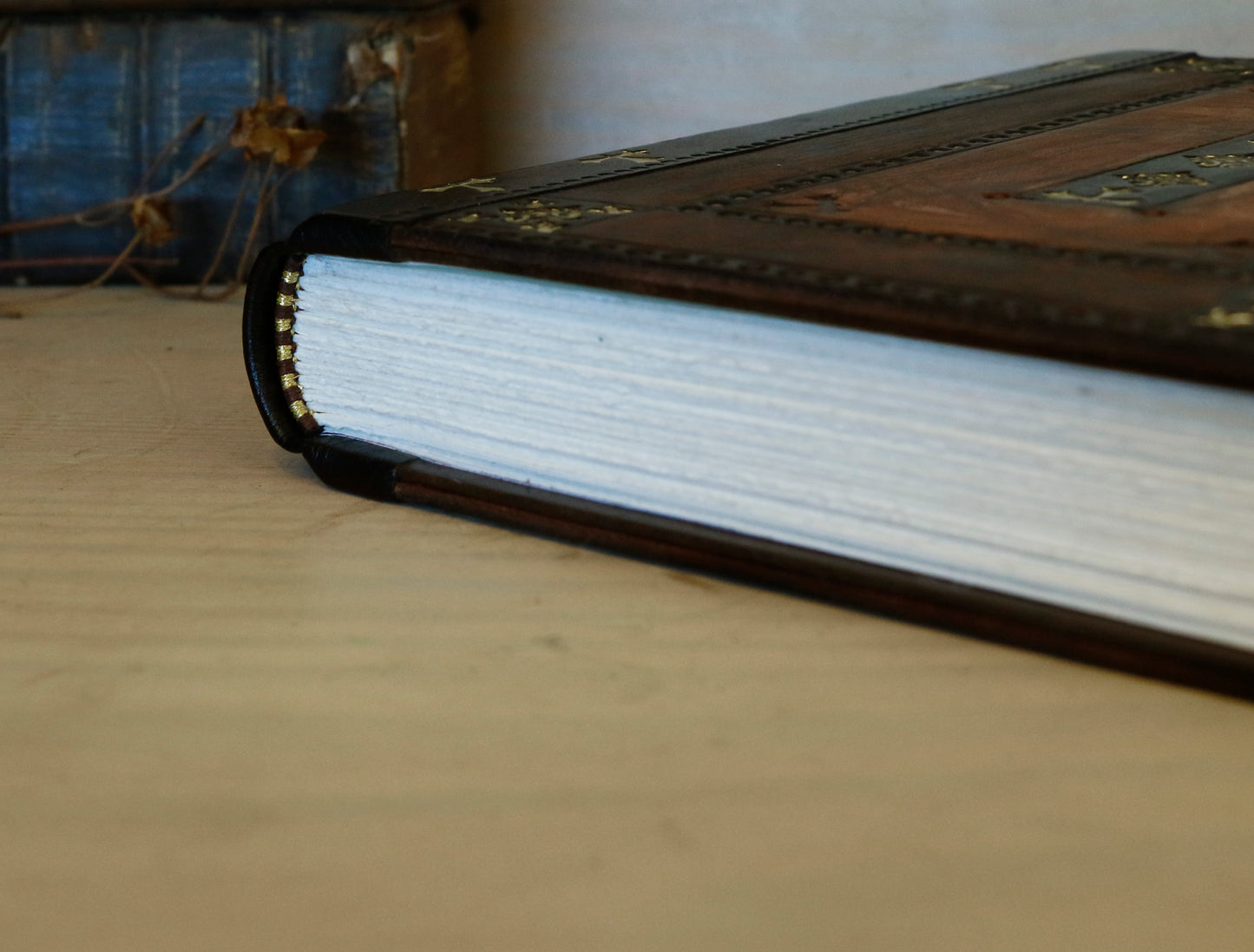 Brown Red Leather Journal with Tooled Decoration, Black leather spine - Sienna Sunset