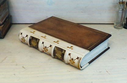 Vintage leather journal, Brown and white leather with Gold tooled decoration. The Book of Light