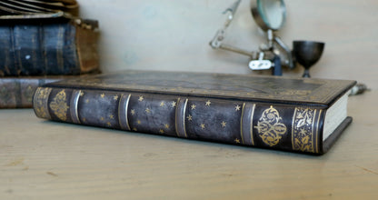Antique Grey Leather Journal with gold decoration. Alchemic Journey. One of a Kind.