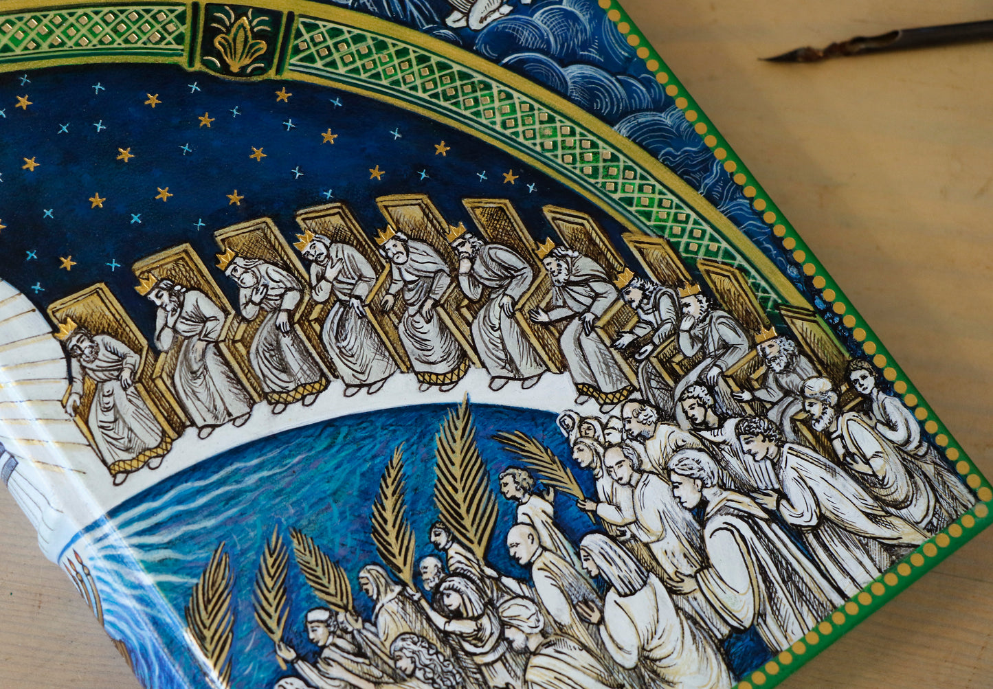 Hand painted blank book, White Leather Journal, Revelation 7, The Heart of the Spiritual Heaven