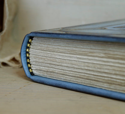 Antiqued baby blue leather journal with gold tooled decoration. Celestial Whisper