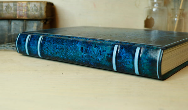 Blue leather journal with hand marbled decoration - Ocean Waves