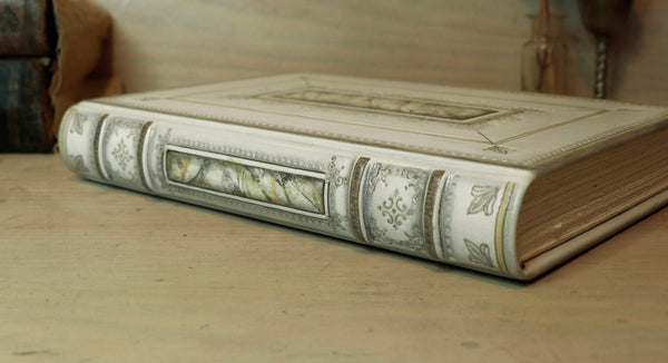 Reserved. White Leather Journal with tooled decoration - Sacred Wisdom
