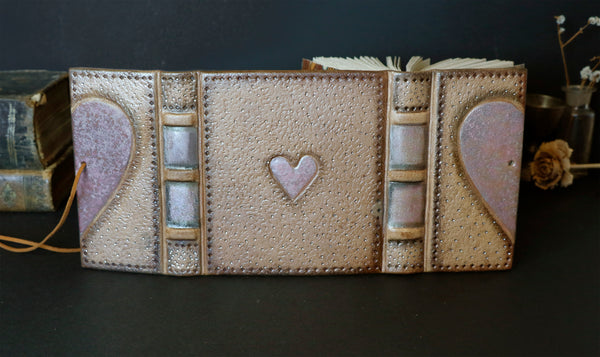 Natural Leather Journal with Silver Pink Heart Decoration, "Sparks"