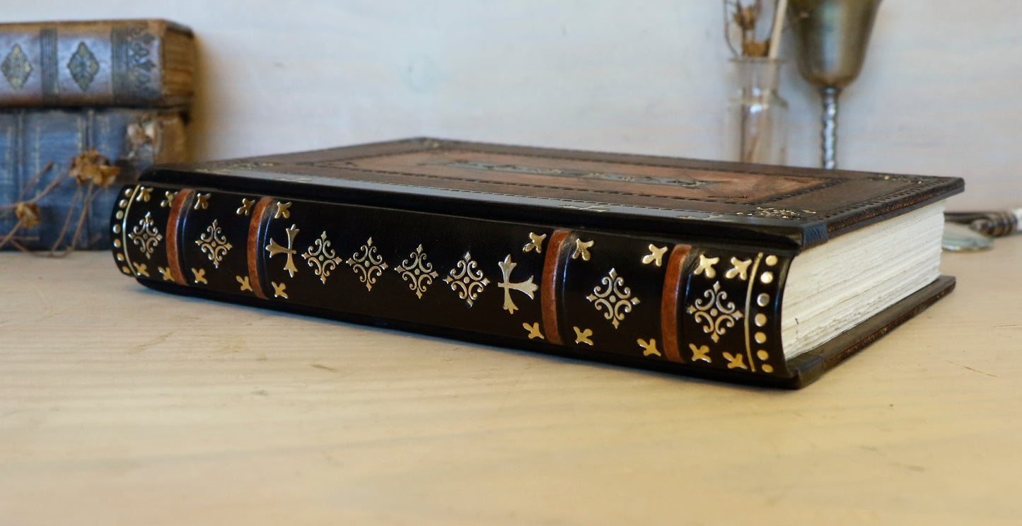 Brown Red Leather Journal with Tooled Decoration, Black leather spine - Sienna Sunset
