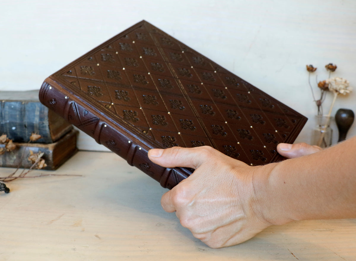 Brown leather journal with blind tooled decoration. One of a Kind. Dark Chocolate