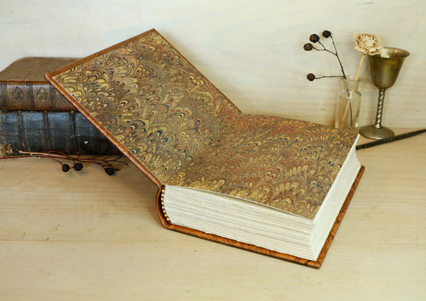 Hand Marbled Leather Journal, Worn brown with gold tooled decoration, Always Remember