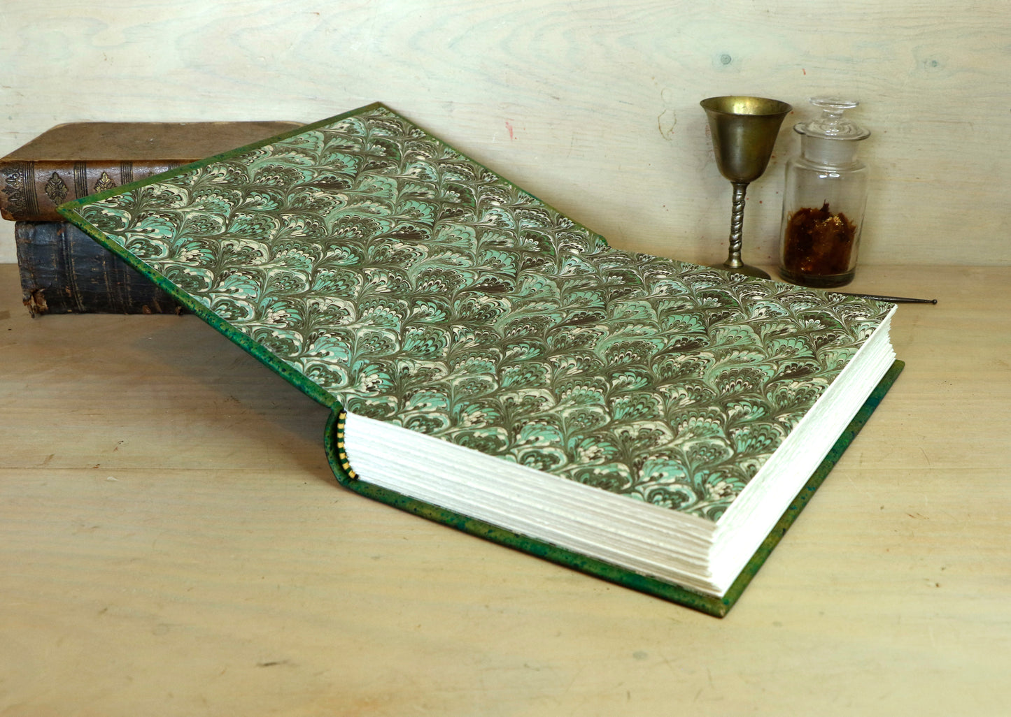 One of a kind green leather journal with handpainted decoration - A Garden in Bloom