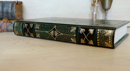 Dark Green Leather Journal with Gold Tooled Decoration. Romantic Journey