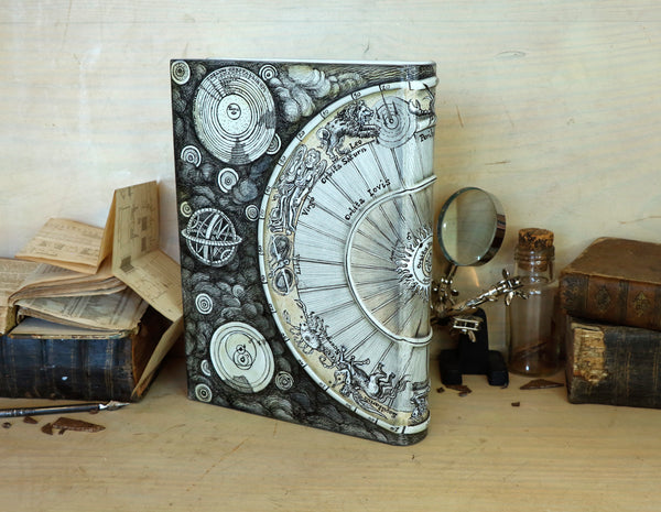 Handpainted Leather Journal, One of a Kind blank book on astrology with Copper Engraved Bookmark - Creatio Universi / The Creation of the Universe