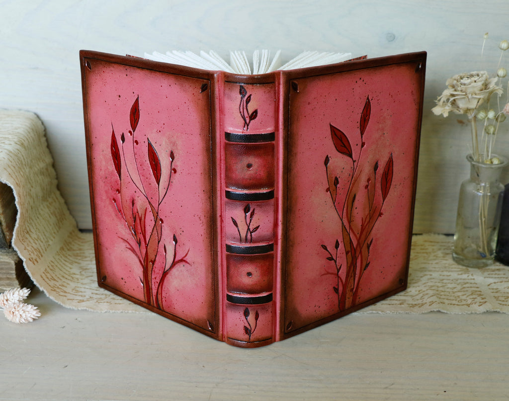 Pink Leather Journal with red floral decoration. Passion of Life