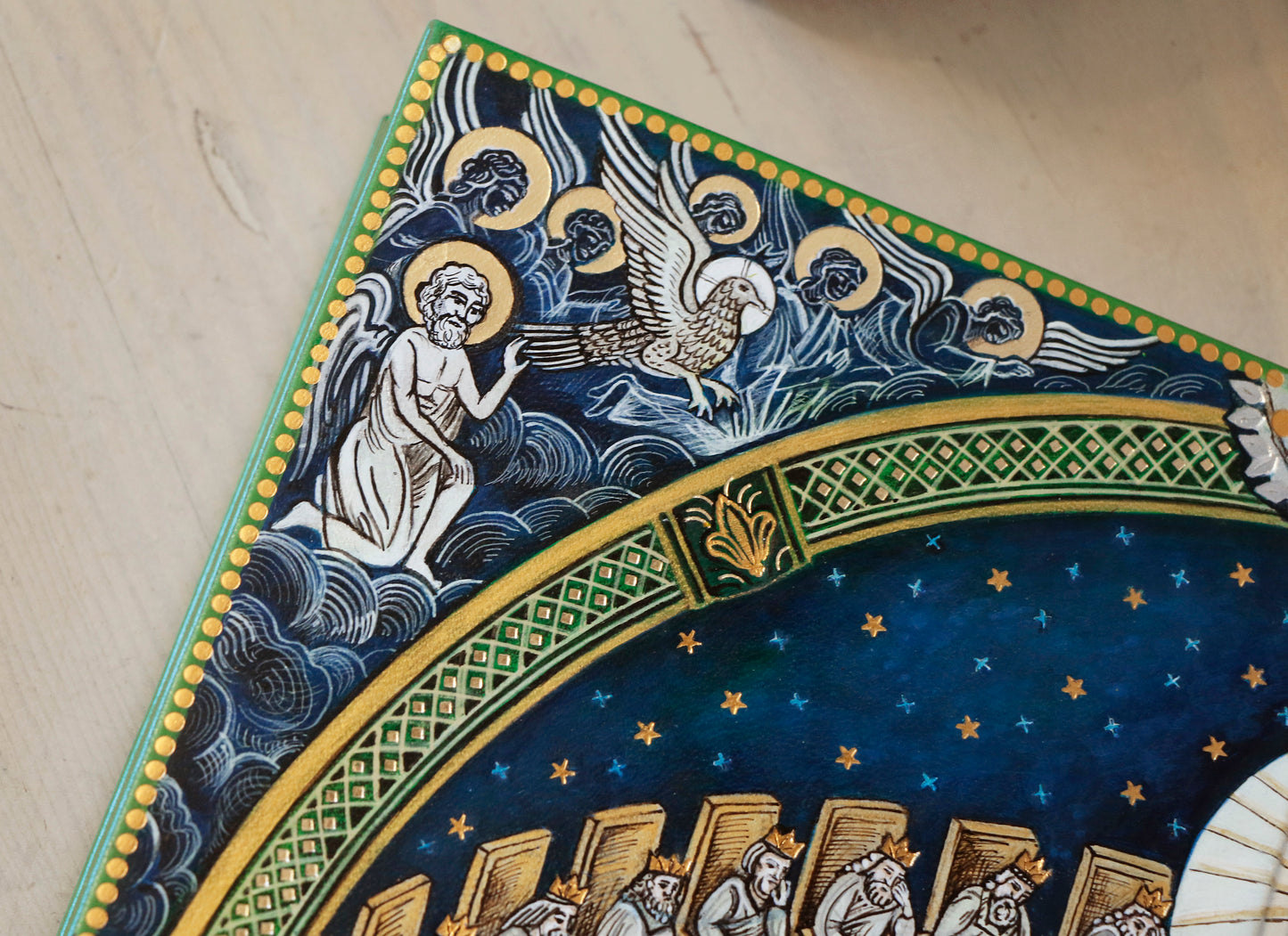 Hand painted blank book, White Leather Journal, Revelation 7, The Heart of the Spiritual Heaven