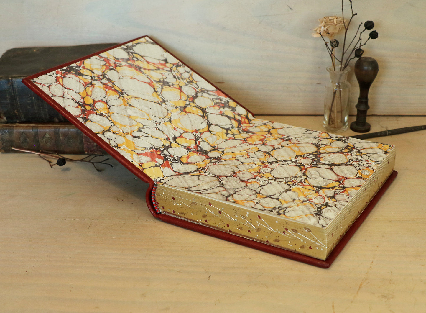 Red Leather Journal with Gilded Edges, Gold, Hand Tooled Decoration - The Temple of Love