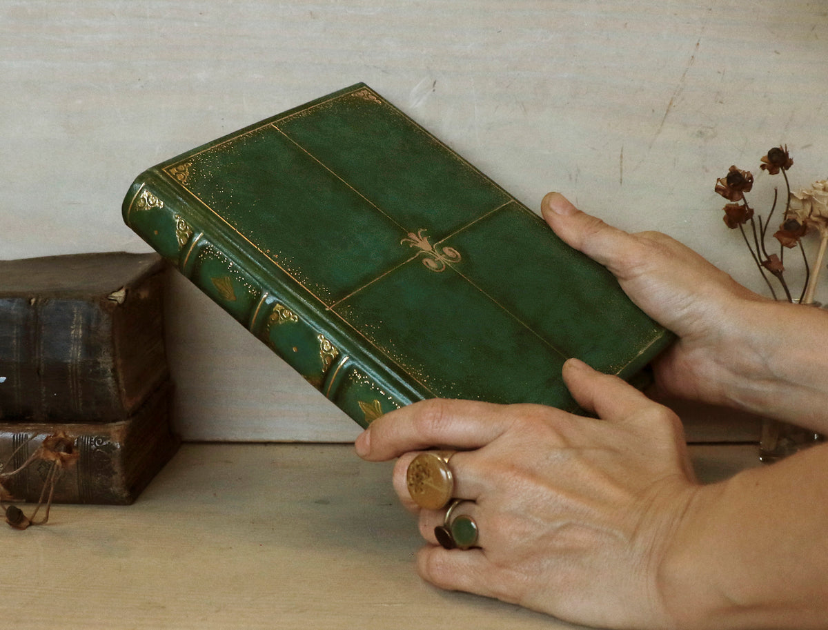 Green Leather Journal with gold tooled decoration and Gilded Edges. The Gilded Garden