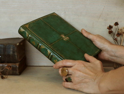 Green Leather Journal with gold tooled decoration and Gilded Edges. The Gilded Garden