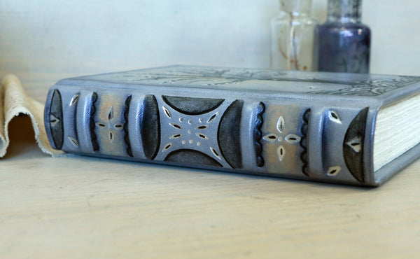 Antiqued grey leather journal with tooled decoration. The Silver Tree. One of a Kind