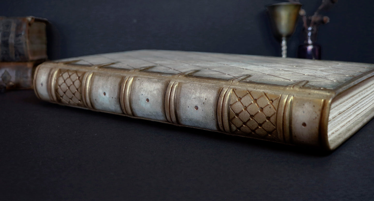 Large leather journal, Antiqued gold and white diamond pattern, tooled decoration - Ancient Tales