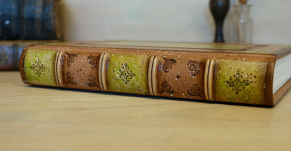 Brown leather journal with tooled and hand painted decoration. Artist paper. Mosslight