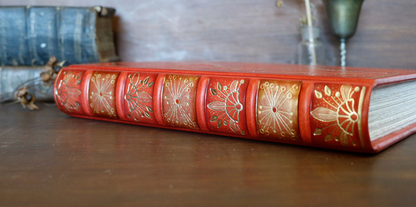 Vermillion Leather Journal, Hand tooled with gold foil, The Nymph's Garden
