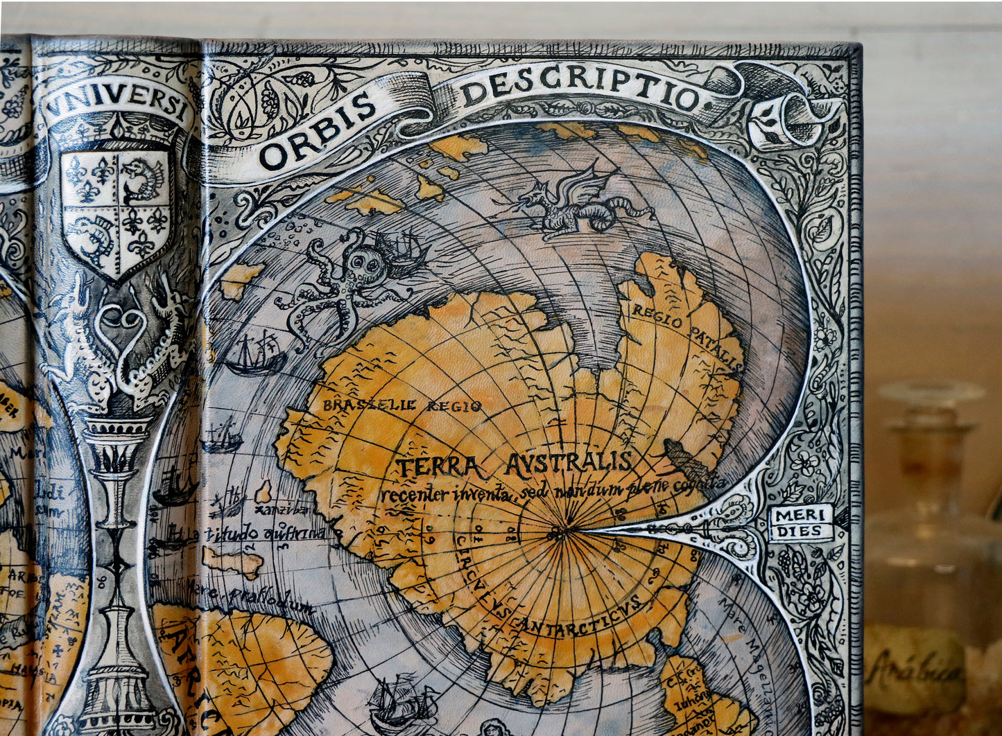 Handpainted leather journal, "Universi Orbis Descriptio", Double Heart Shaped Map Projection, One of a Kind