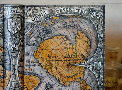 Handpainted leather journal, "Universi Orbis Descriptio", Double Heart Shaped Map Projection, One of a Kind