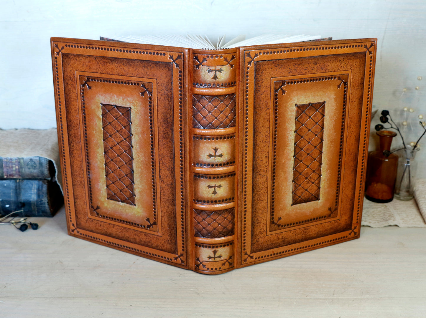 Orange and Brown Leather Journal with hand tooled decoration - Copper Shine