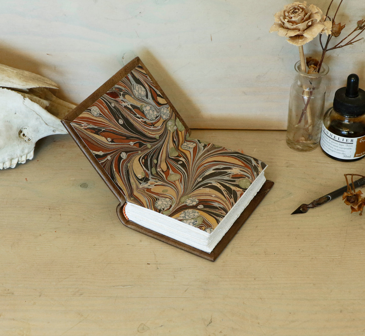 Natural leather journal, Tooled decoration - Orange Sunset