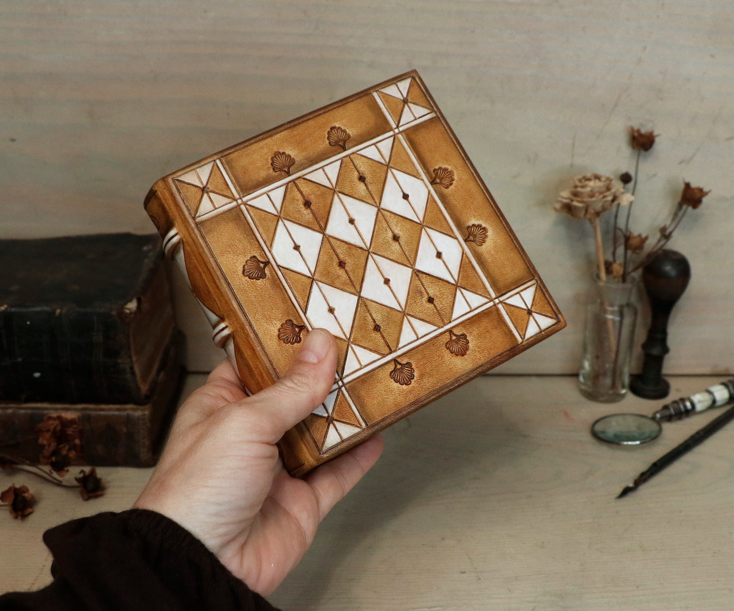 Brown leather journal with hand tooled and painted decoration - Morning Thoughts