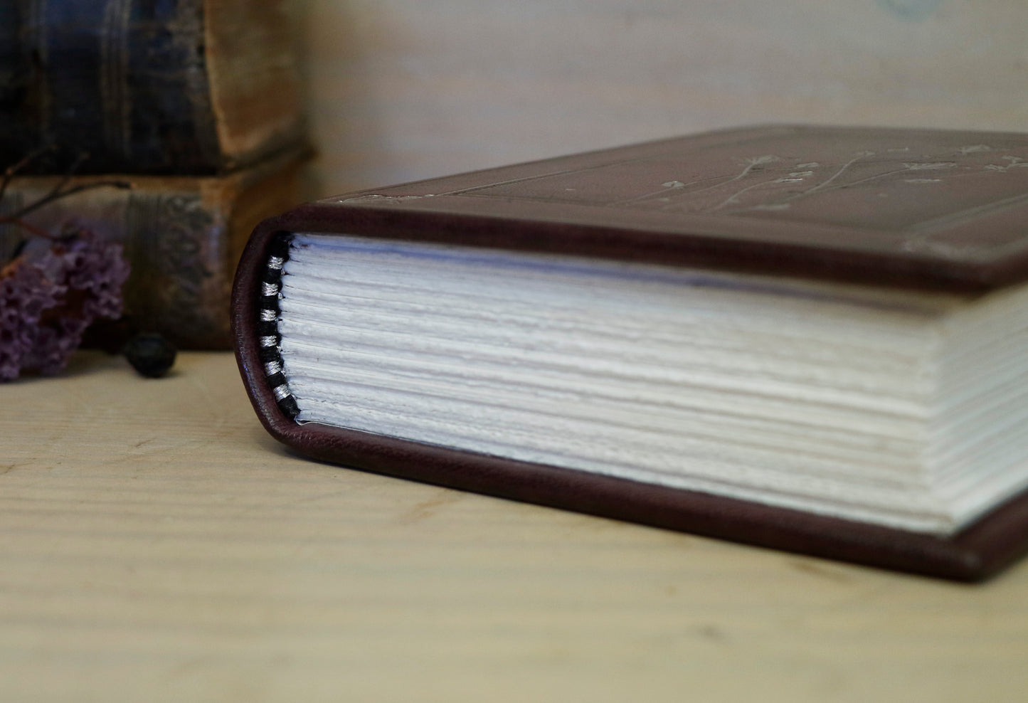 Burgundy Leather Journal with Silver Tooled Decoration. Silver Moon Bloom. One of a Kind