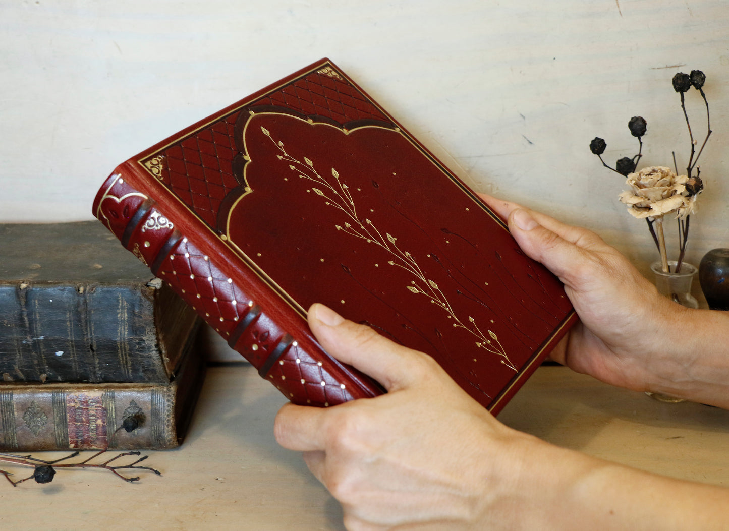 Red Leather Journal with Gilded Edges, Gold, Hand Tooled Decoration - The Temple of Love