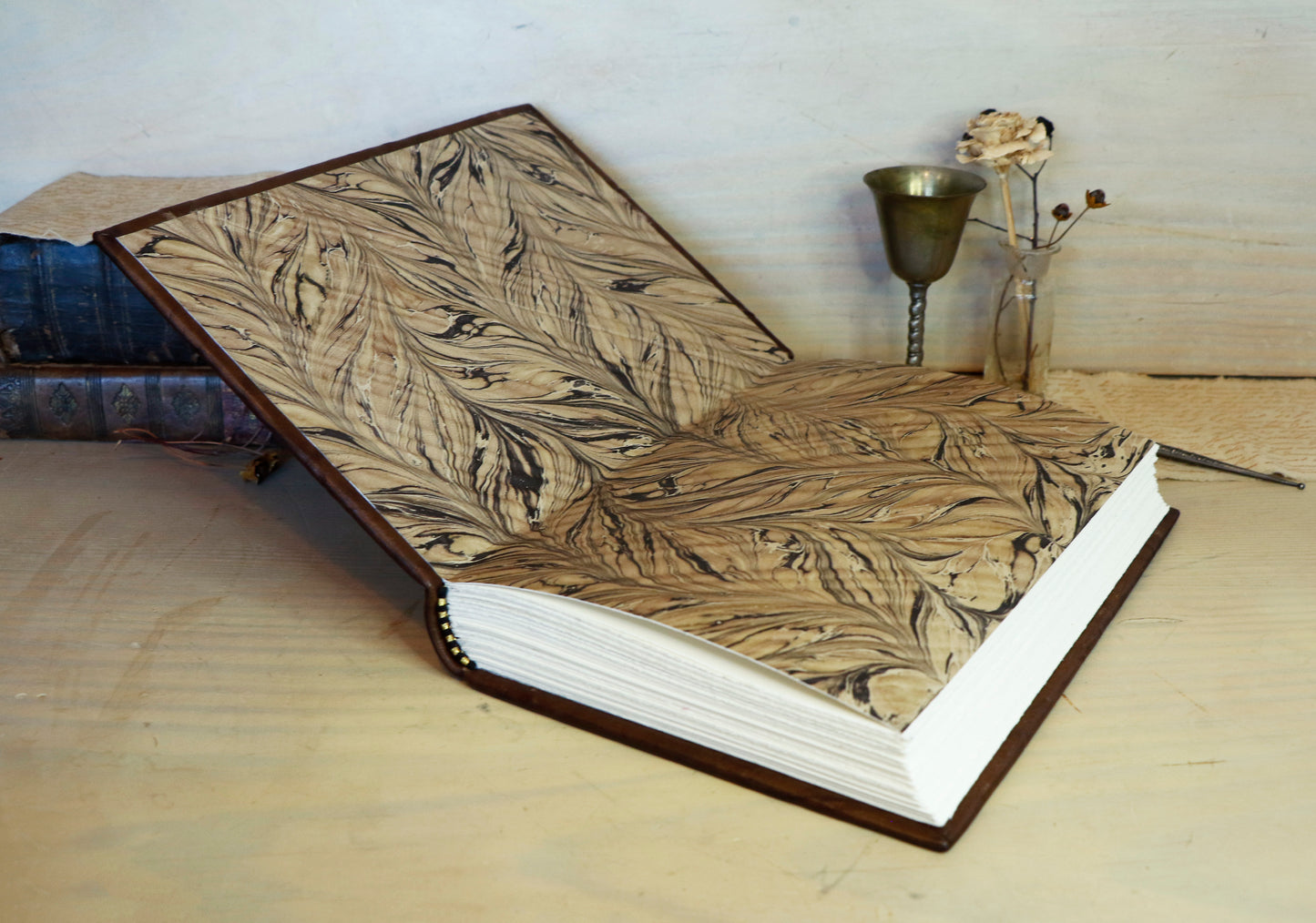Antiqued Brown Leather Journal with Gold Tooled Decoration, Branches of Memory