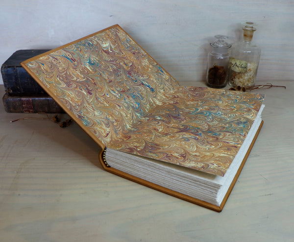 Leather Journal / Blank Book, Light brown with dark brown diamond checker pattern, Gold Tooled Decoration