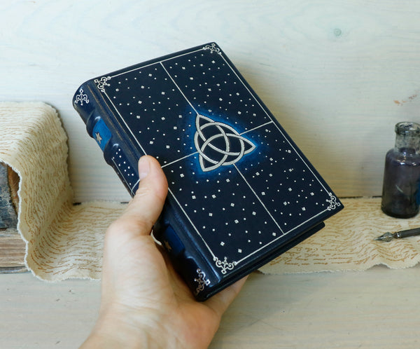 Dark blue leather journal with Silver tooled decoration and Painted edges - Magic Triquetra