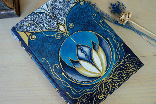 Blue leather journal with Hand painted decoration, Lotus Heart