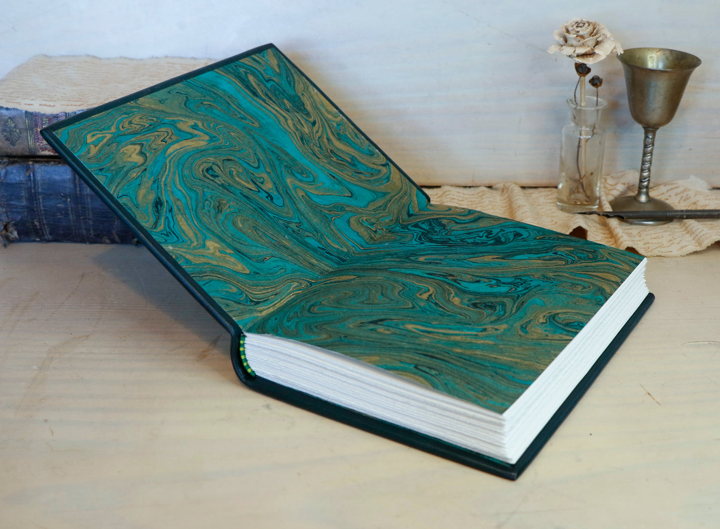 Dark Green Leather Journal with gold and green tooled decoration. Emerald Garden