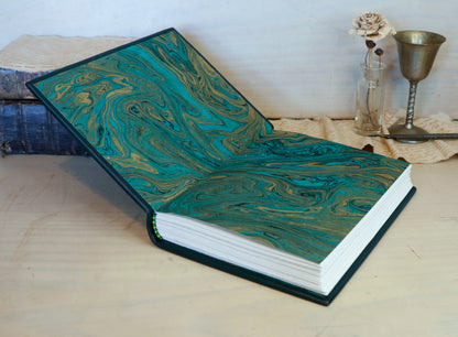 Dark Green Leather Journal with gold and green tooled decoration. Emerald Garden
