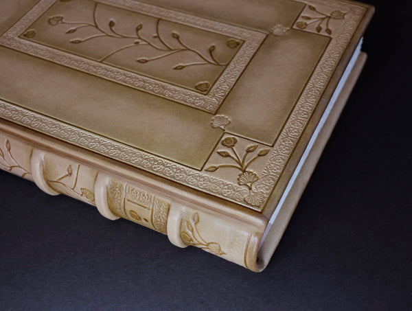 Beige leather journal with tooled floral decoration. Romantic Journey. One of a Kind.