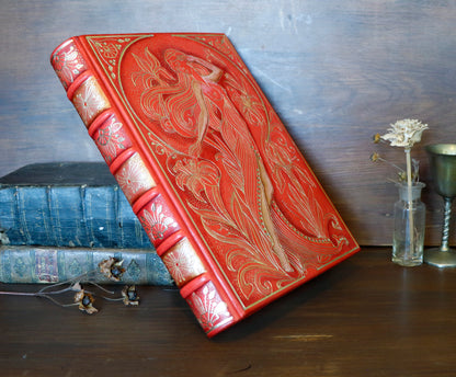 Vermillion Leather Journal, Hand tooled with gold foil, The Nymph's Garden