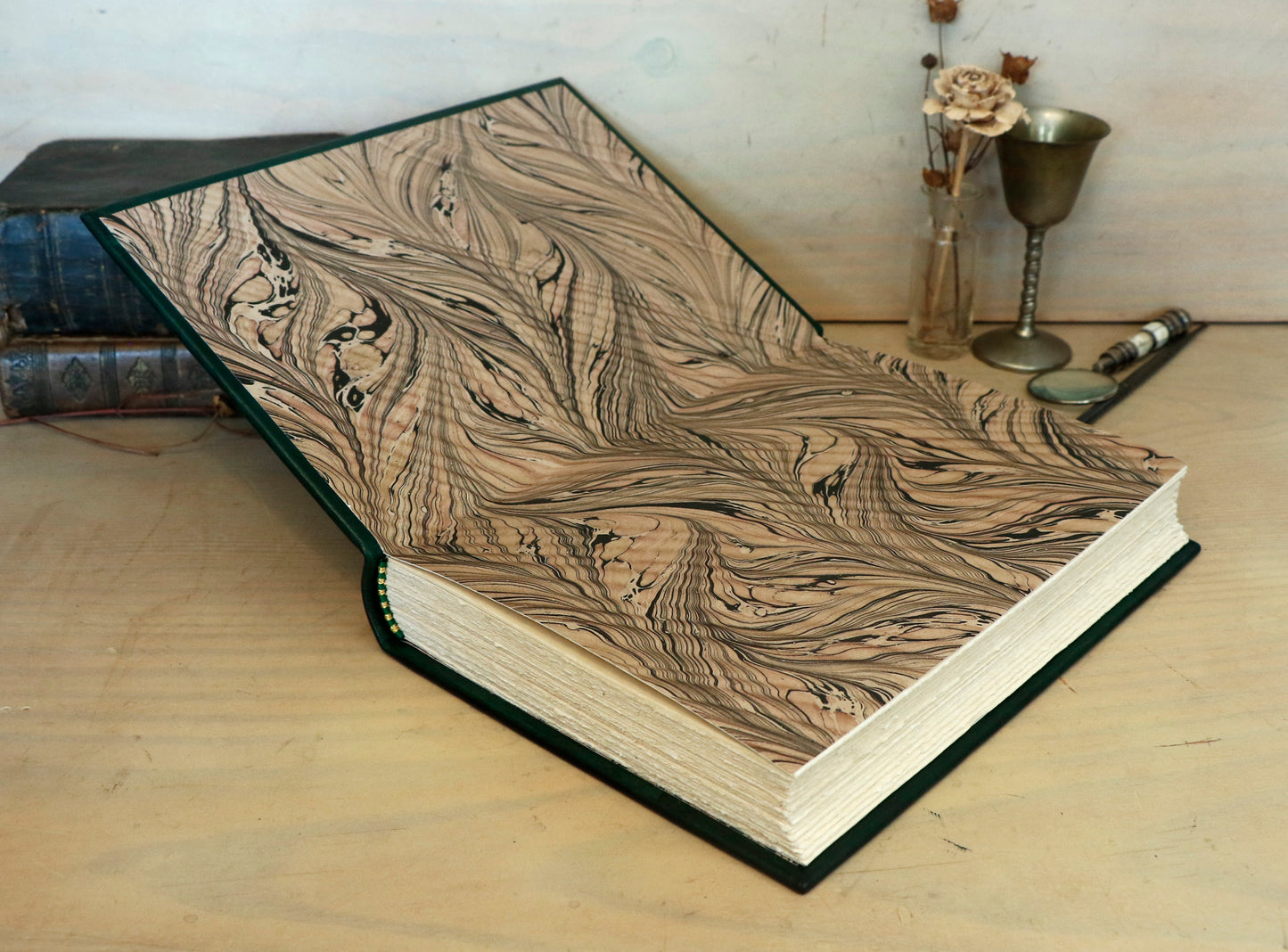 Dark Green Leather Journal with Gold Tooled Decoration. Romantic Journey