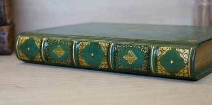 Green Leather Journal with gold tooled decoration and Gilded Edges. The Gilded Garden