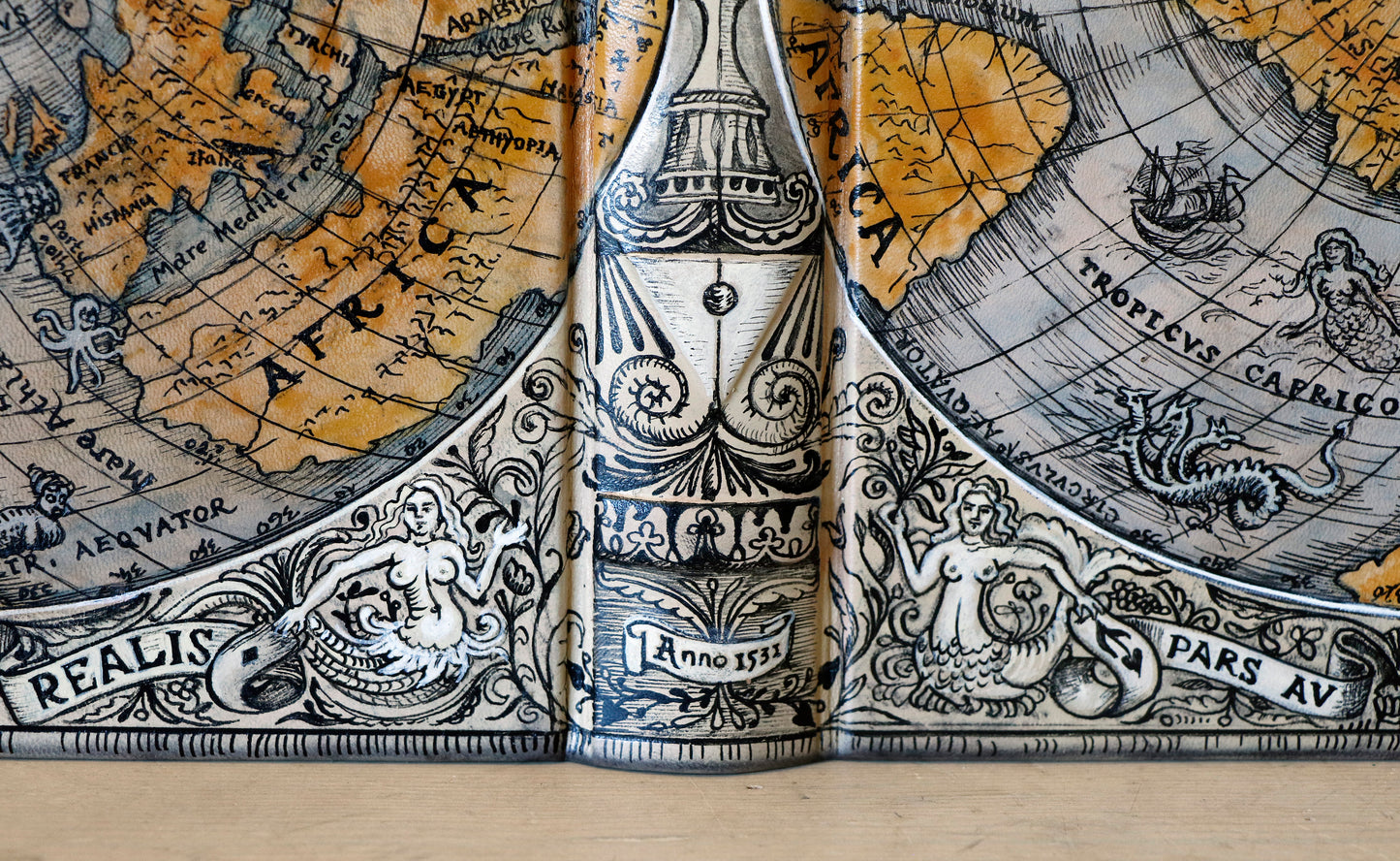 Handpainted leather journal, "Universi Orbis Descriptio", Double Heart Shaped Map Projection, One of a Kind