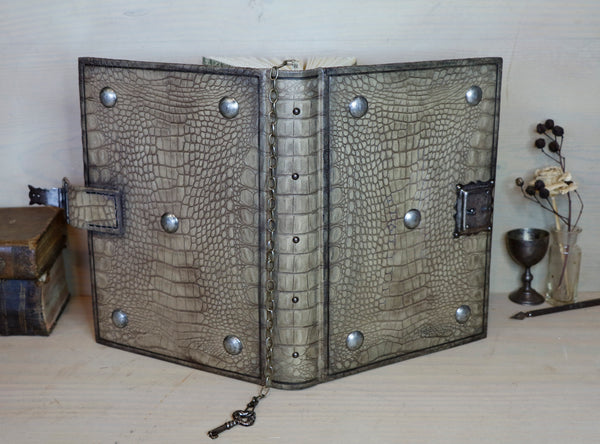 Journal with Lock and Key, Antique Crocodile Textured Leather - "The Collector"