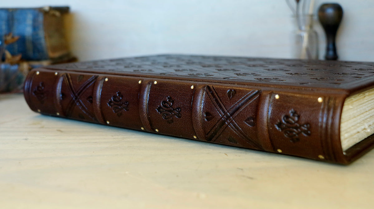Brown leather journal with blind tooled decoration. One of a Kind. Dark Chocolate