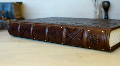 Brown leather journal with blind tooled decoration. One of a Kind. Dark Chocolate